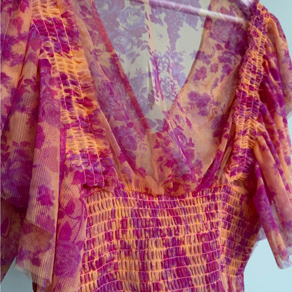 Anthropologie Pink and Purple Flutter Sleeve Smocked Blouse